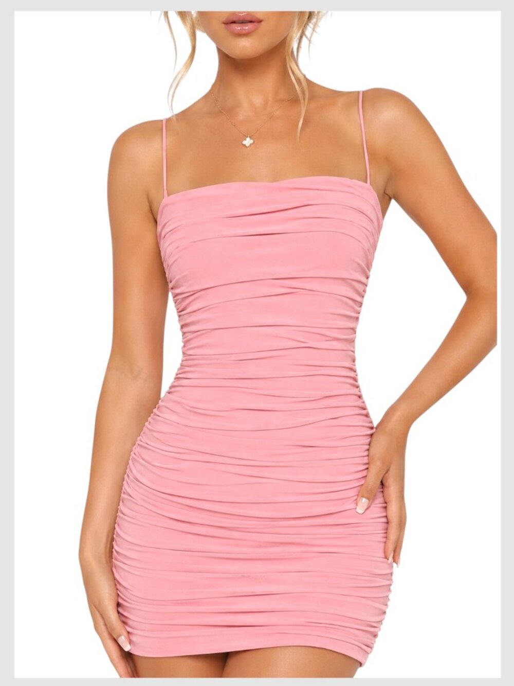Oh Polly Ruched Mesh Bodycon Mini Dress Blush Pink XS 2